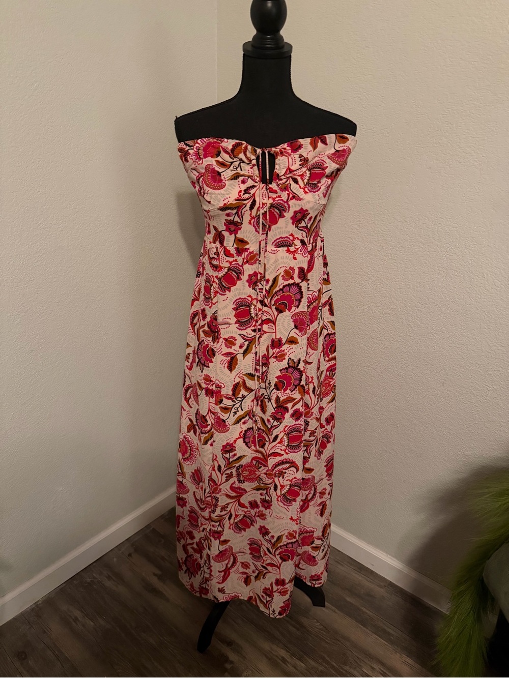 Sincerly Jules Pink Floral Strapless Maxi Dress with Red Accents